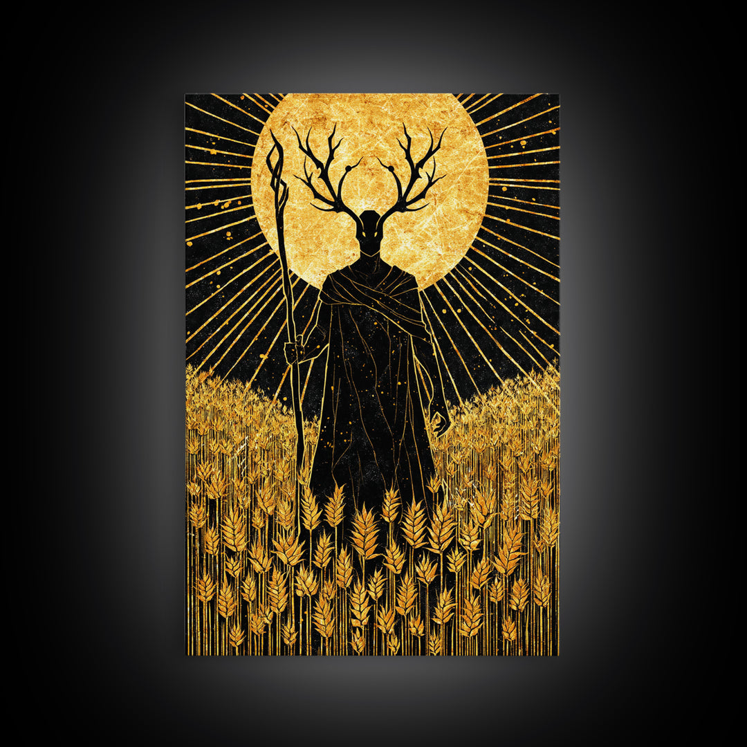 Nordic Frey God of Fertility Canvas Gold Art Canvas Art, Viking Mythology Wall Decor, natural wood framed art, Office and Dad Gift
