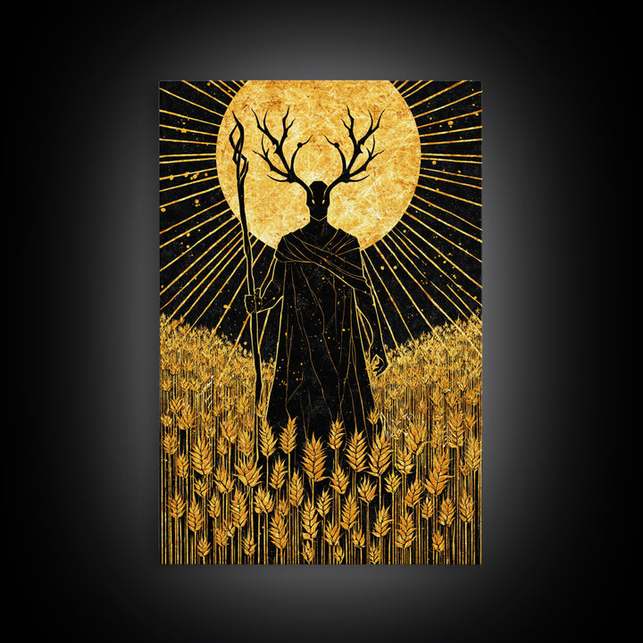 Nordic Frey God of Fertility Canvas Gold Art Canvas Art, Viking Mythology Wall Decor, natural wood framed art, Office and Dad Gift