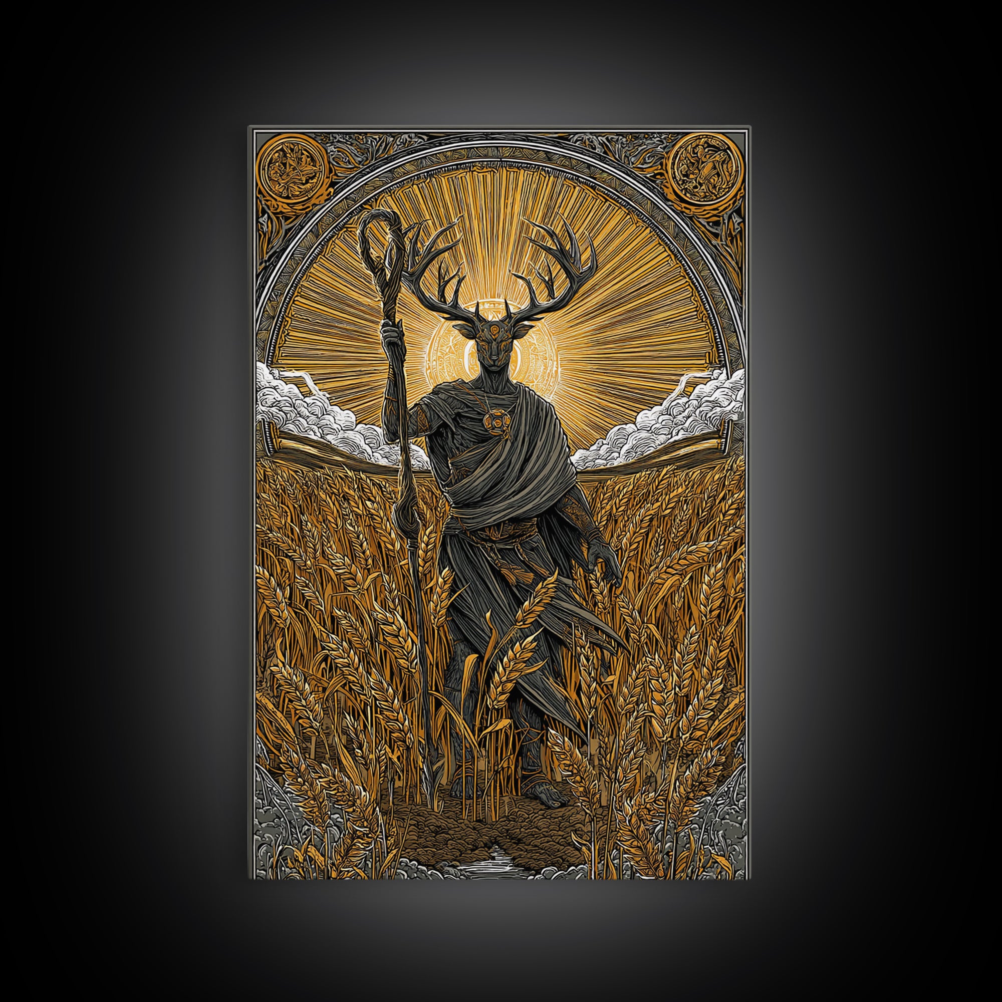 Norse God Frey Canvas Gold Art Canvas Art, Nordic Mythology Wall Decor, framed in real wood, Viking Office Wall Art, Unique Dad Gift