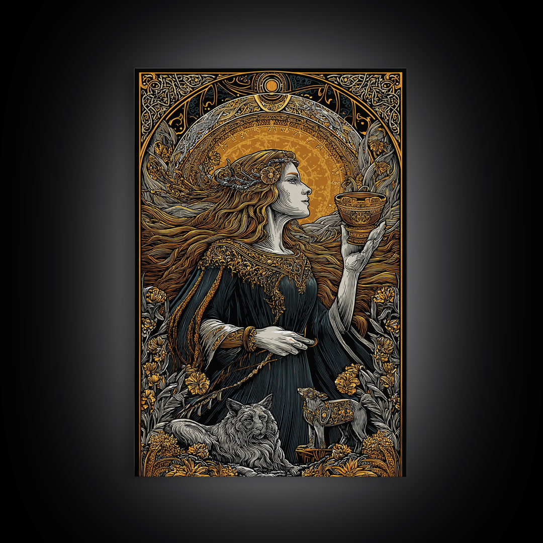 Norse Goddess Freyja Canvas Gold Art Canvas Art, Viking Wall Decor framed in natural wood, Nordic Office Art and Unique Gift for Him