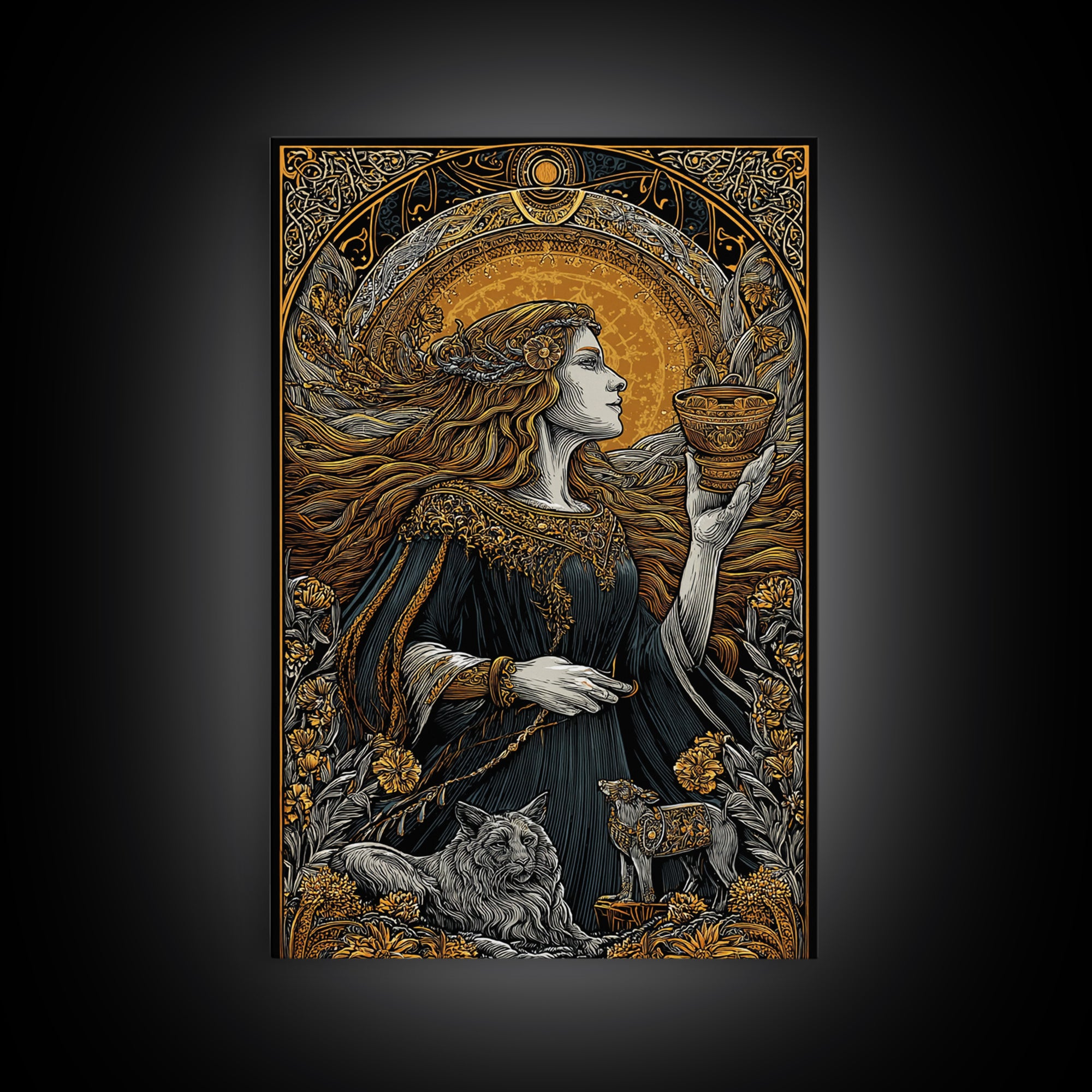 Norse Goddess Freyja Canvas Gold Art Canvas Art, Viking Wall Decor framed in natural wood, Nordic Office Art and Unique Gift for Him