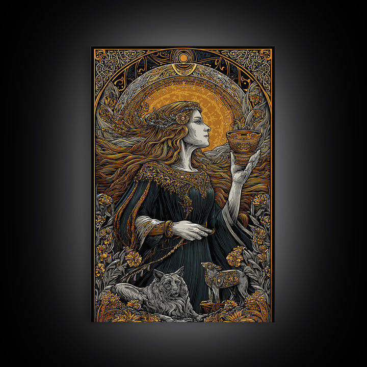 Norse Goddess Freyja Canvas Gold Art Canvas Art, Viking Wall Decor framed in natural wood, Nordic Office Art and Unique Gift for Him