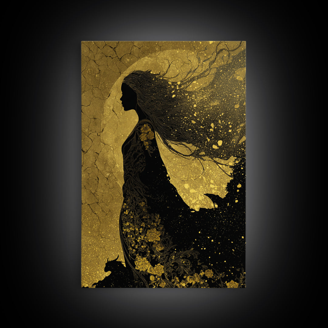 Freyja Norse Goddess Canvas Gold Art Canvas Art, Viking Mythology Wall Decor, framed in real wood, Elegant Office and Man Cave Gift