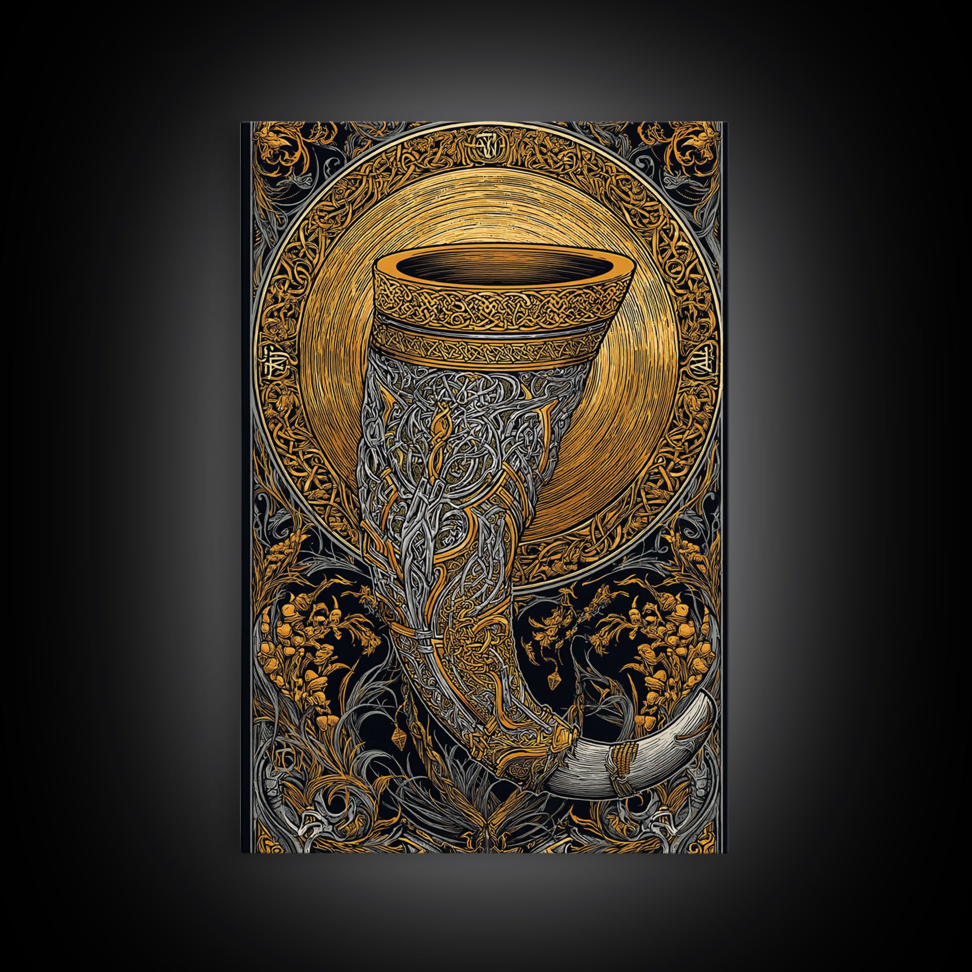 Viking Drinking Horn Wall Decor Gjallarhorn Canvas Gold Art Canvas Art Nordic Mythology Office Wall Art framed in natural wood