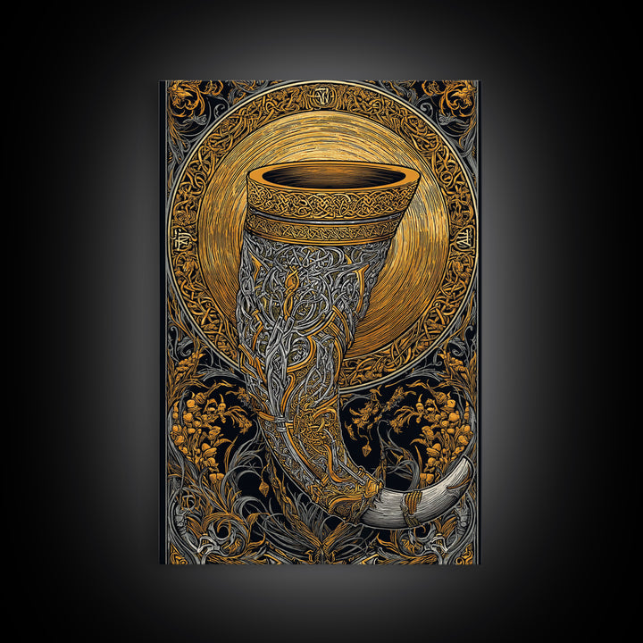 Viking Drinking Horn Wall Decor Gjallarhorn Canvas Gold Art Canvas Art Nordic Mythology Office Wall Art framed in natural wood