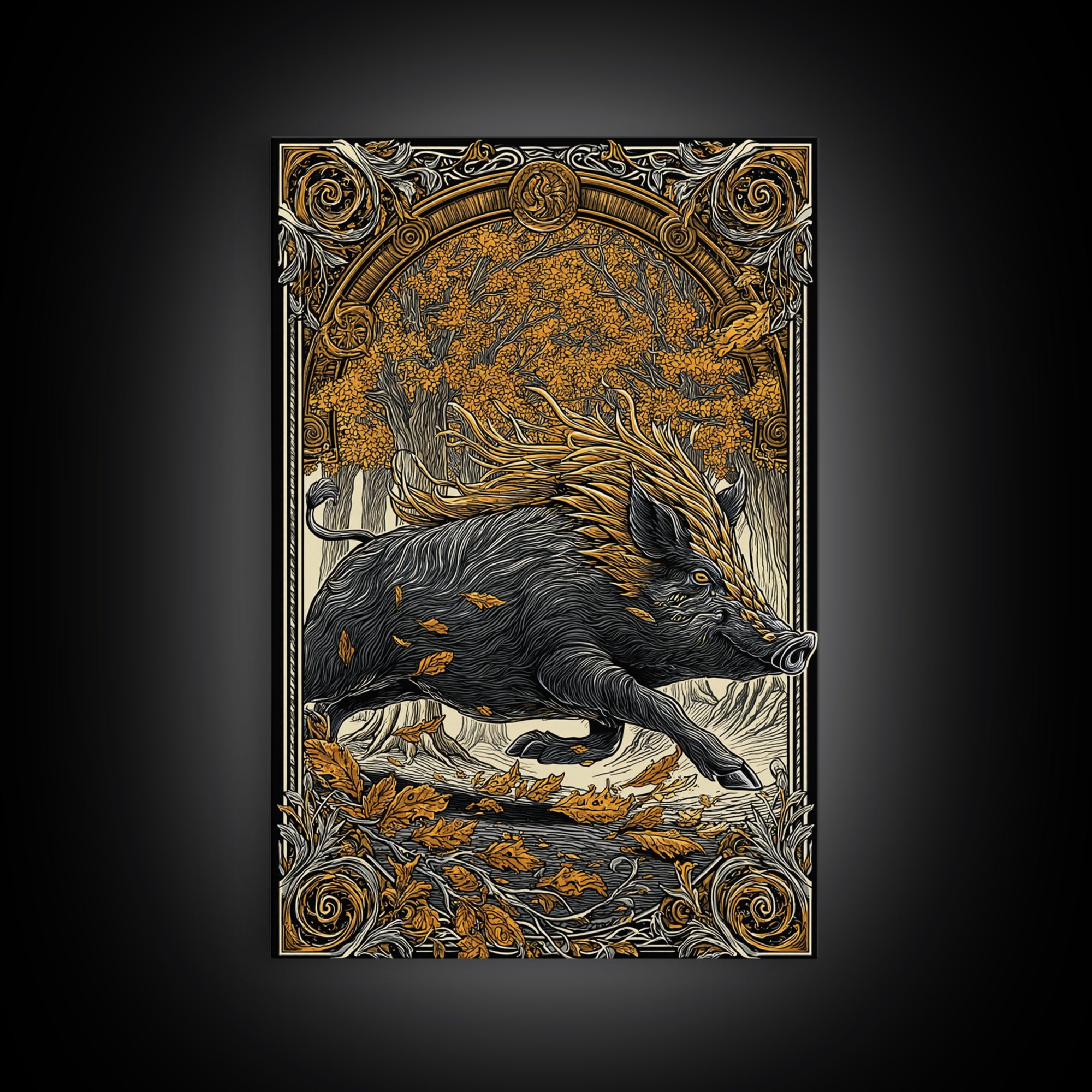 Norse Boar Gullinbursti Canvas Gold Art Canvas Art Viking Wall Decor Nordic Mythology Gift Dad Office Art framed in solid wood