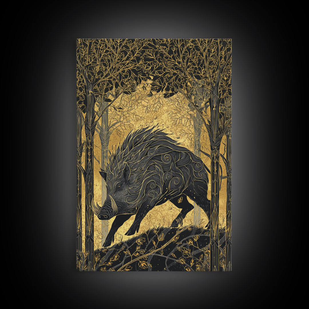 Gullinbursti Boar Norse Mythology Print Canvas Gold Art Canvas Art Nordic Wall Decor Viking Man Cave Art with real wood frame
