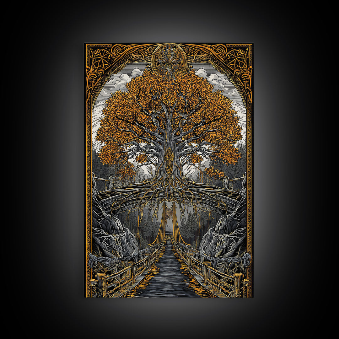 Nordic Helheim Bridge Mythology Print Canvas Gold Art Canvas Art Viking Wall Decor for Men Office or Dad Gift framed in wood