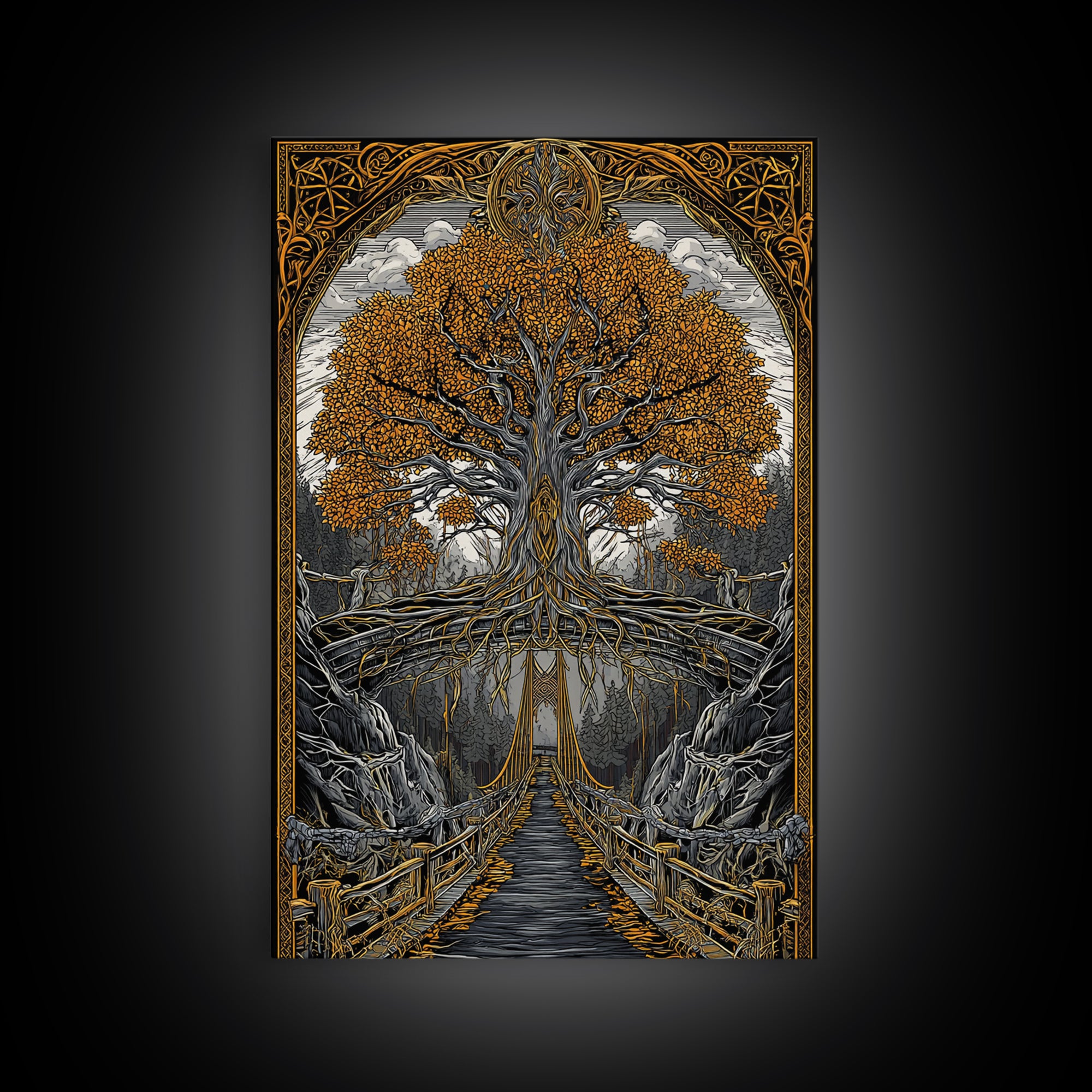 Nordic Helheim Bridge Mythology Print Canvas Gold Art Canvas Art Viking Wall Decor for Men Office or Dad Gift framed in wood