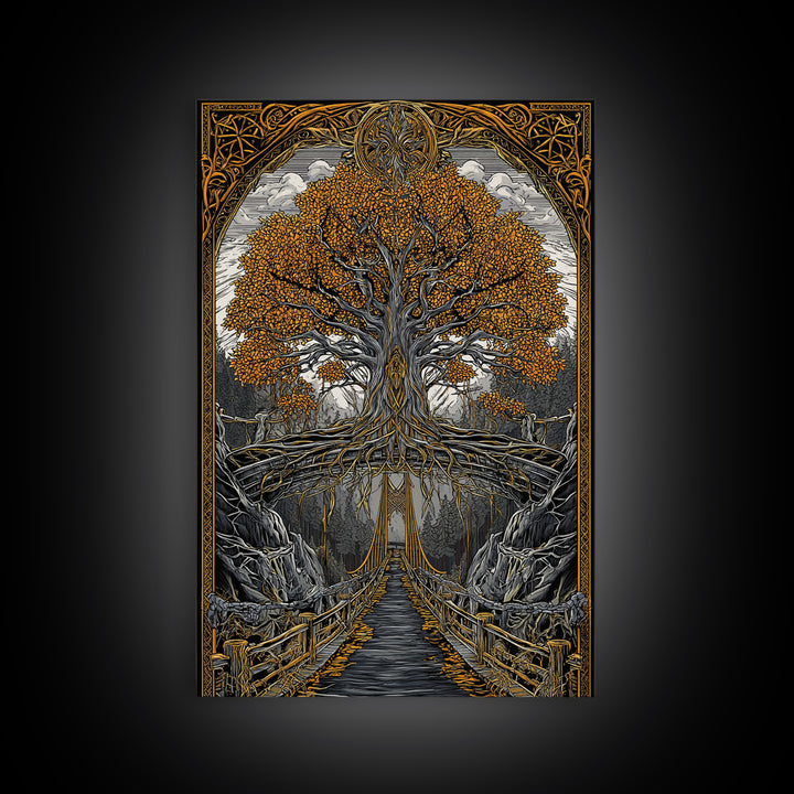 Nordic Helheim Bridge Mythology Print Canvas Gold Art Canvas Art Viking Wall Decor for Men Office or Dad Gift framed in wood