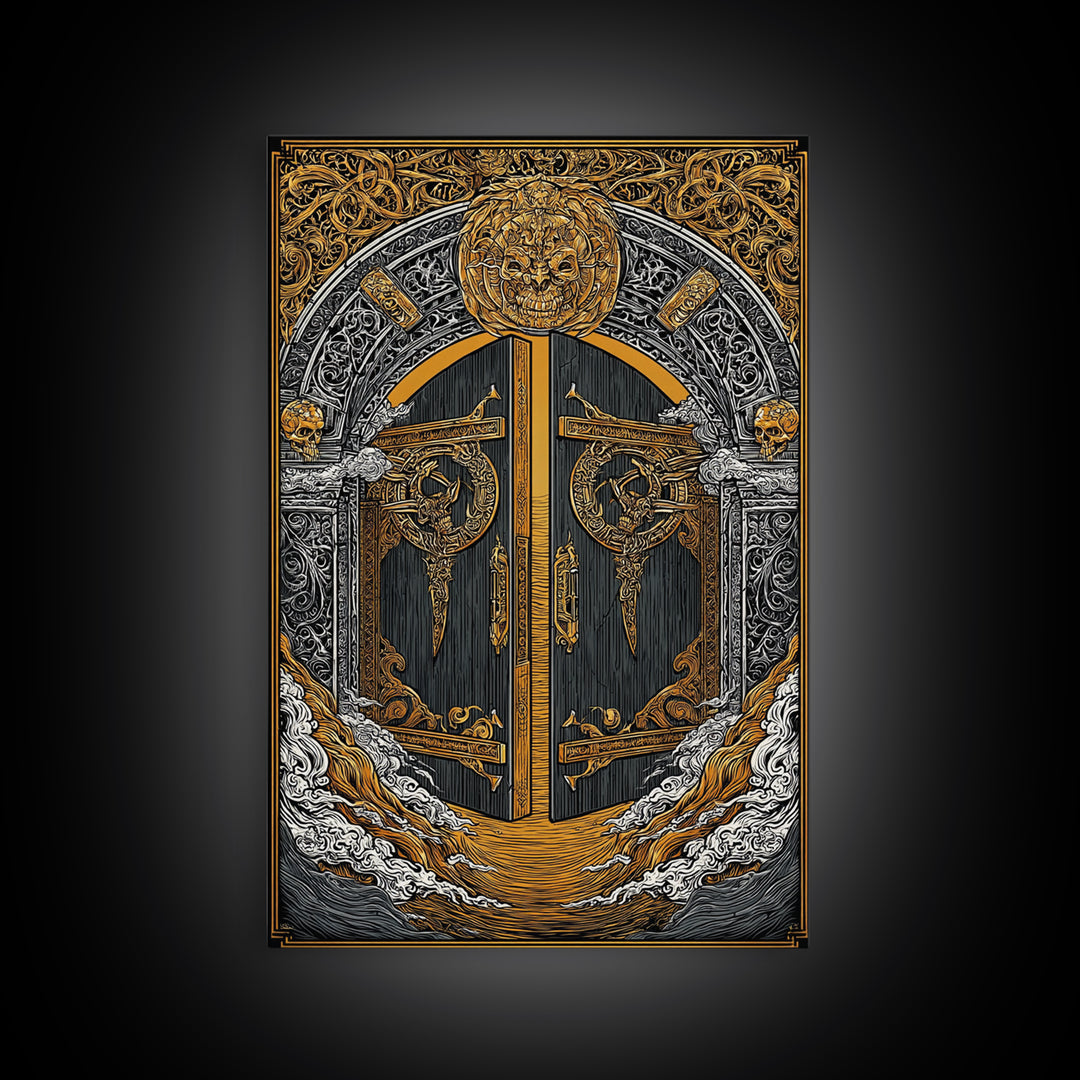 Helheim Norse Realm of the Dead Canvas Gold Art Canvas Art Viking Mythology Wall Art Office Decor Man Cave framed in wood trim