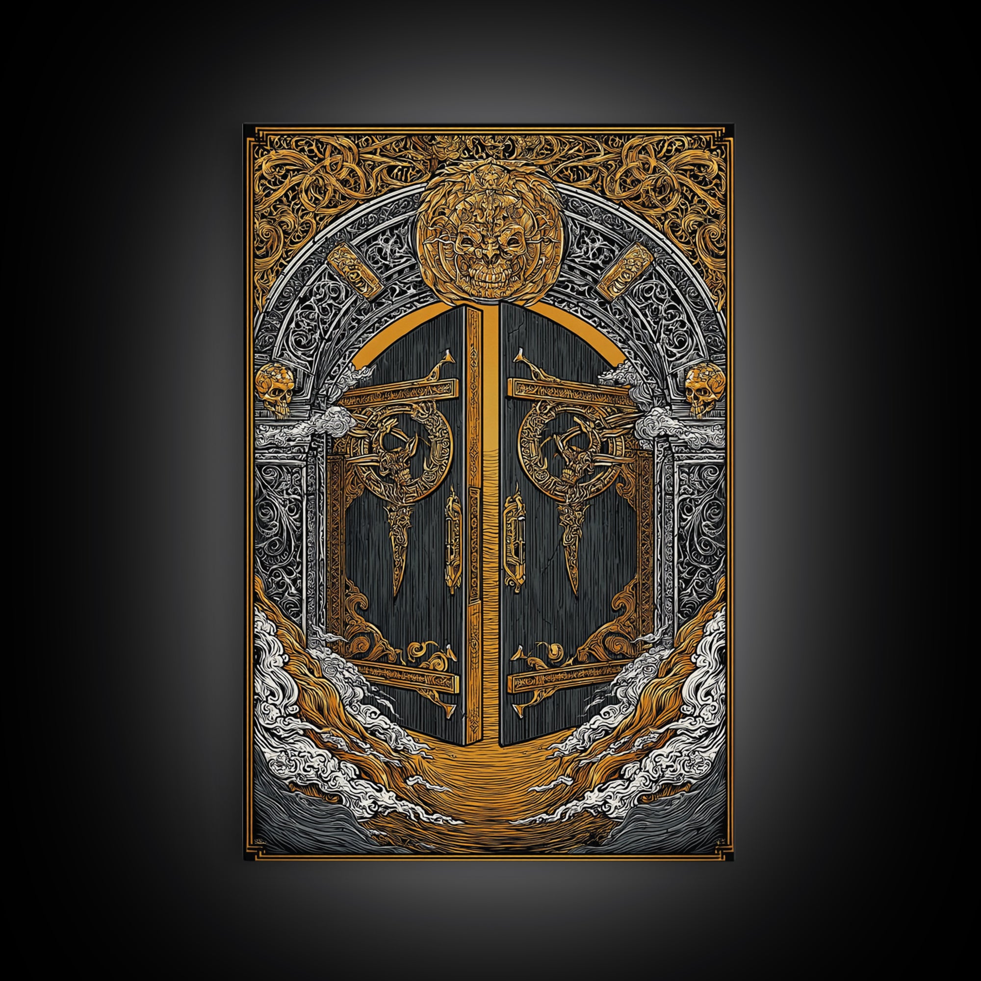 Helheim Norse Realm of the Dead Canvas Gold Art Canvas Art Viking Mythology Wall Art Office Decor Man Cave framed in wood trim