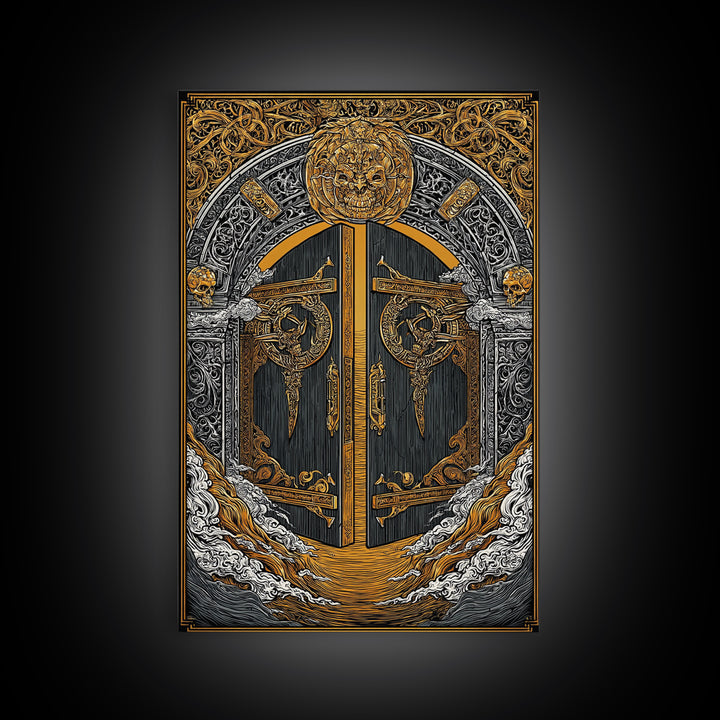 Helheim Norse Realm of the Dead Canvas Gold Art Canvas Art Viking Mythology Wall Art Office Decor Man Cave framed in wood trim