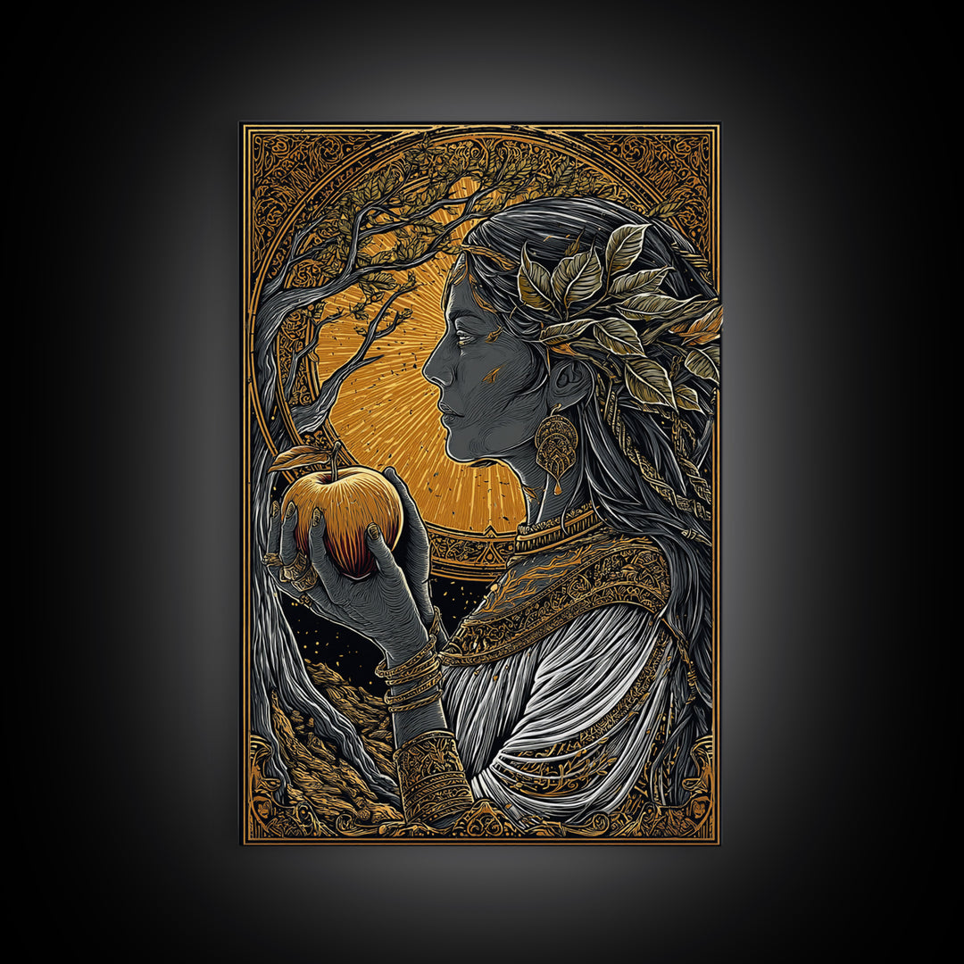 Idunn Goddess of Youth Norse Mythology Canvas Gold Art Canvas Art Nordic Wall Decor Office Art Dad Gift framed in natural wood