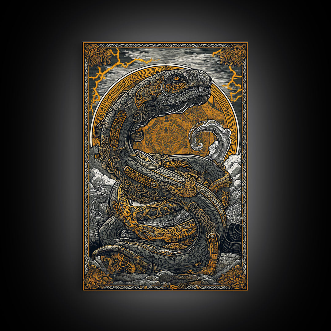 Norse Jrmungandr Canvas Gold Art Canvas Art | Viking Serpent Wall Decor | Mythology Office Art framed in natural wood