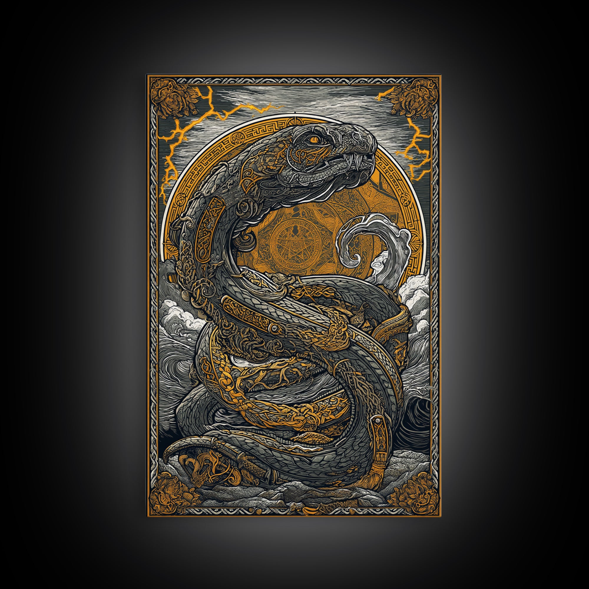 Norse Jrmungandr Canvas Gold Art Canvas Art | Viking Serpent Wall Decor | Mythology Office Art framed in natural wood