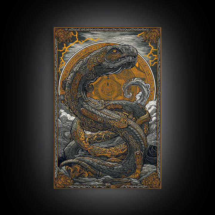 Norse Jrmungandr Canvas Gold Art Canvas Art | Viking Serpent Wall Decor | Mythology Office Art framed in natural wood