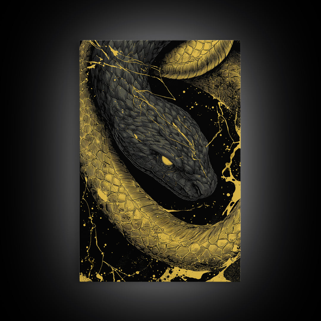 Canvas Gold Art Jrmungandr Midgard Serpent Canvas Art | Norse Wall Decor | Viking Office Art with real wood frame