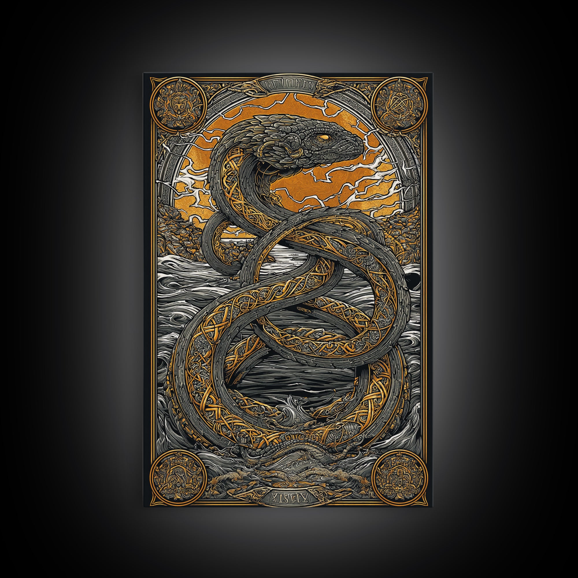 Nordic Mythology Jrmungandr Serpent Canvas Gold Art Canvas Art | Viking Decor | Man Cave Gift framed in rustic wood