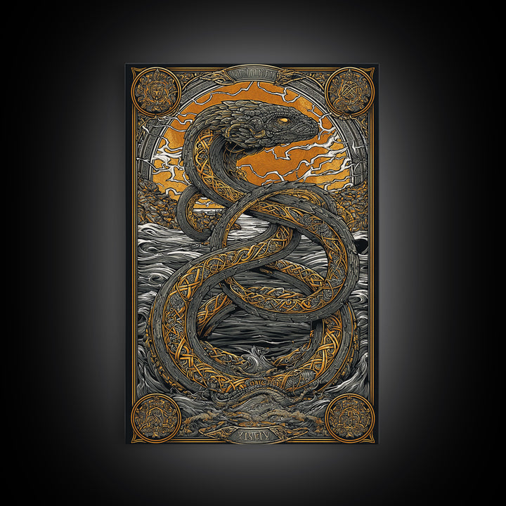 Nordic Mythology Jrmungandr Serpent Canvas Gold Art Canvas Art | Viking Decor | Man Cave Gift framed in rustic wood