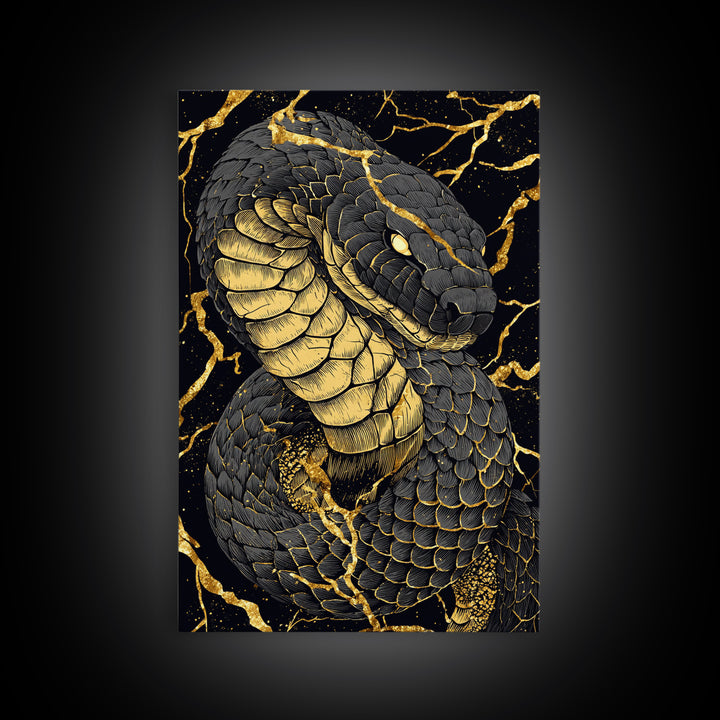 Jormungandr Midgard Serpent Canvas Gold Art Canvas Art Viking Mythology Wall Decor Nordic Office Man Cave Gift with wood frame