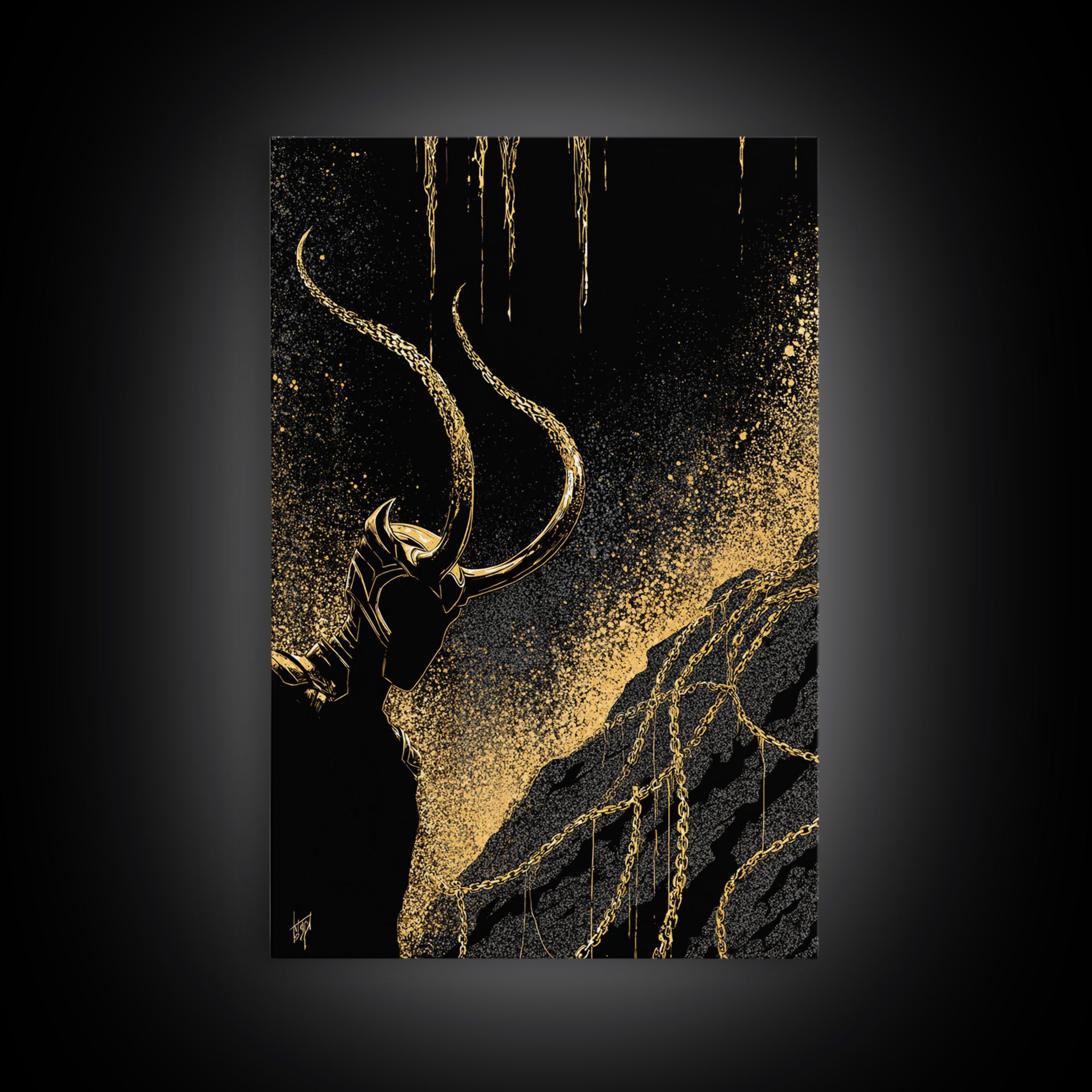 Loki Bound Canvas Gold Art Canvas Art | Norse Trickster God Wall Decor | Viking Mythology Man Cave framed in wood