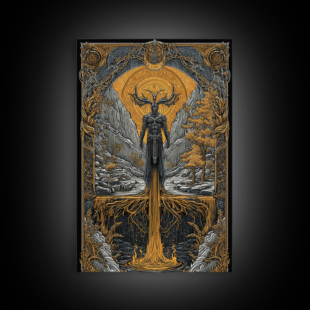 Nordic Loki Canvas Gold Art Canvas Art | Viking God of Mischief Wall Decor | Norse Office Art Gift in real wood frame