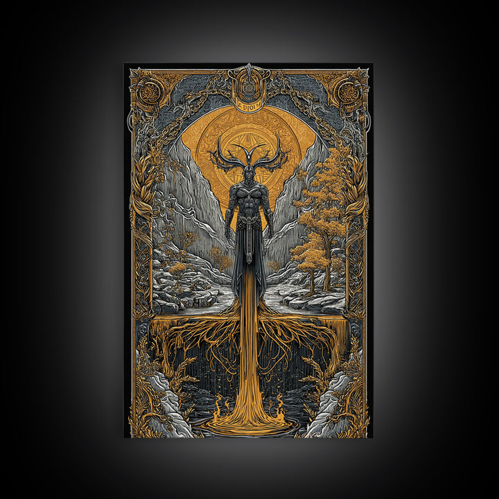 Nordic Loki Canvas Gold Art Canvas Art | Viking God of Mischief Wall Decor | Norse Office Art Gift in real wood frame