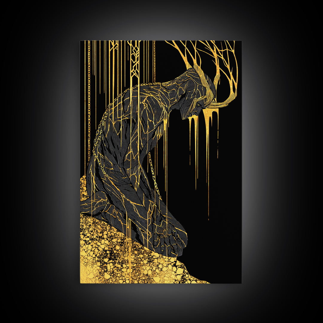 Jrmungandr World Serpent Norse Canvas Gold Art Canvas Art | Viking Mythology Wall Decor | Office Art with wood frame