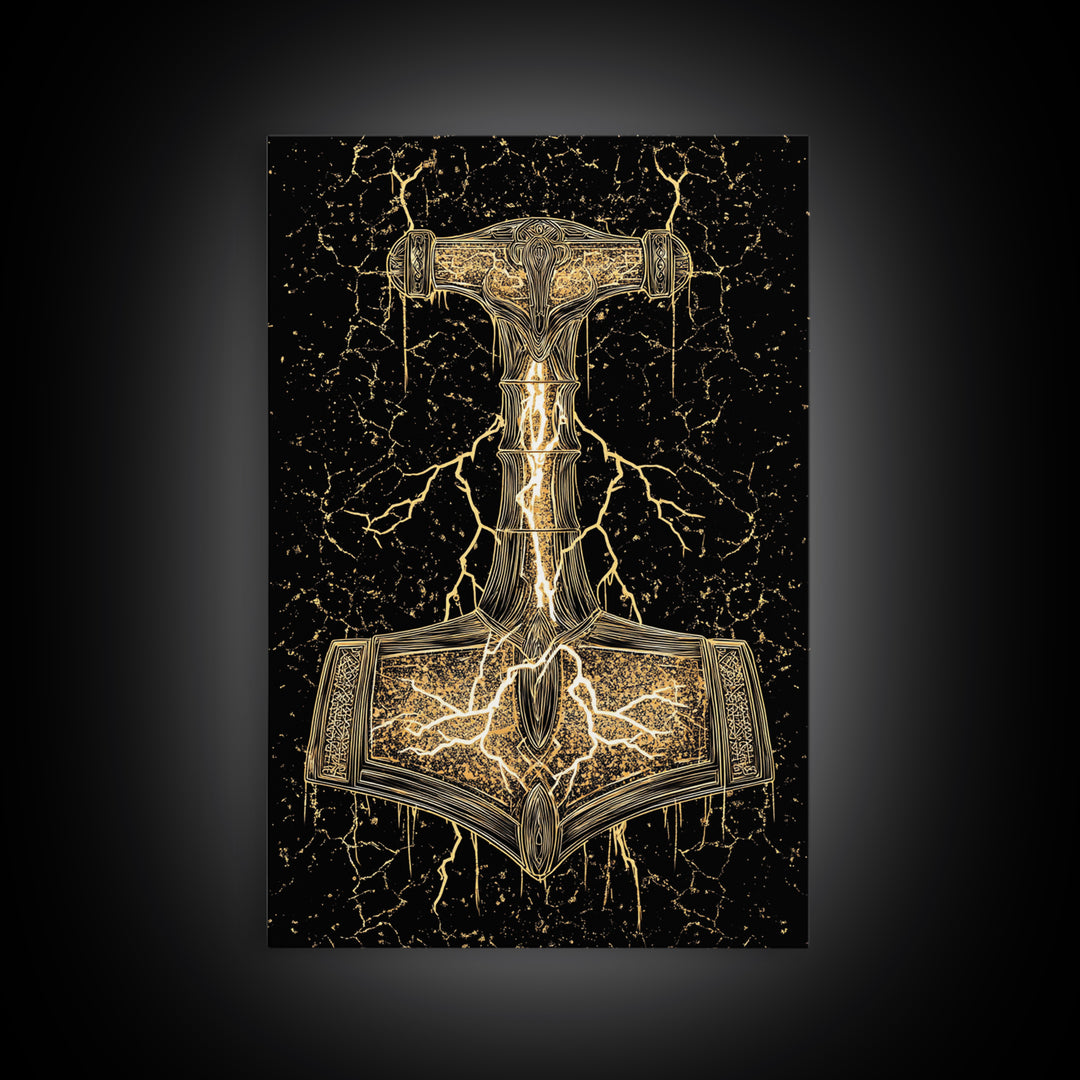 Thor’s Hammer Mjolnir Norse Mythology Canvas Gold Art, Viking Canvas Art with Lightning, framed in natural real wood for office décor