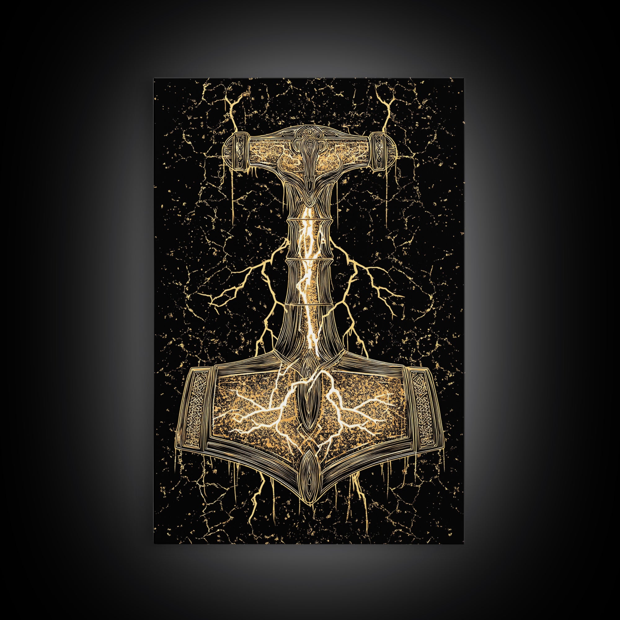 Thor’s Hammer Mjolnir Norse Mythology Canvas Gold Art, Viking Canvas Art with Lightning, framed in natural real wood for office décor