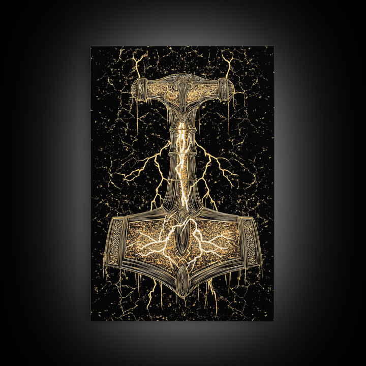Thor’s Hammer Mjolnir Norse Mythology Canvas Gold Art, Viking Canvas Art with Lightning, framed in natural real wood for office décor