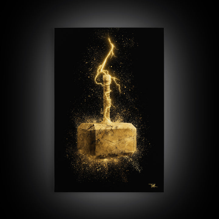 Canvas Gold Art of Thor’s Hammer Mjolnir, Norse Mythology inspired Canvas Art, Viking Man Cave wall décor with real wood framing