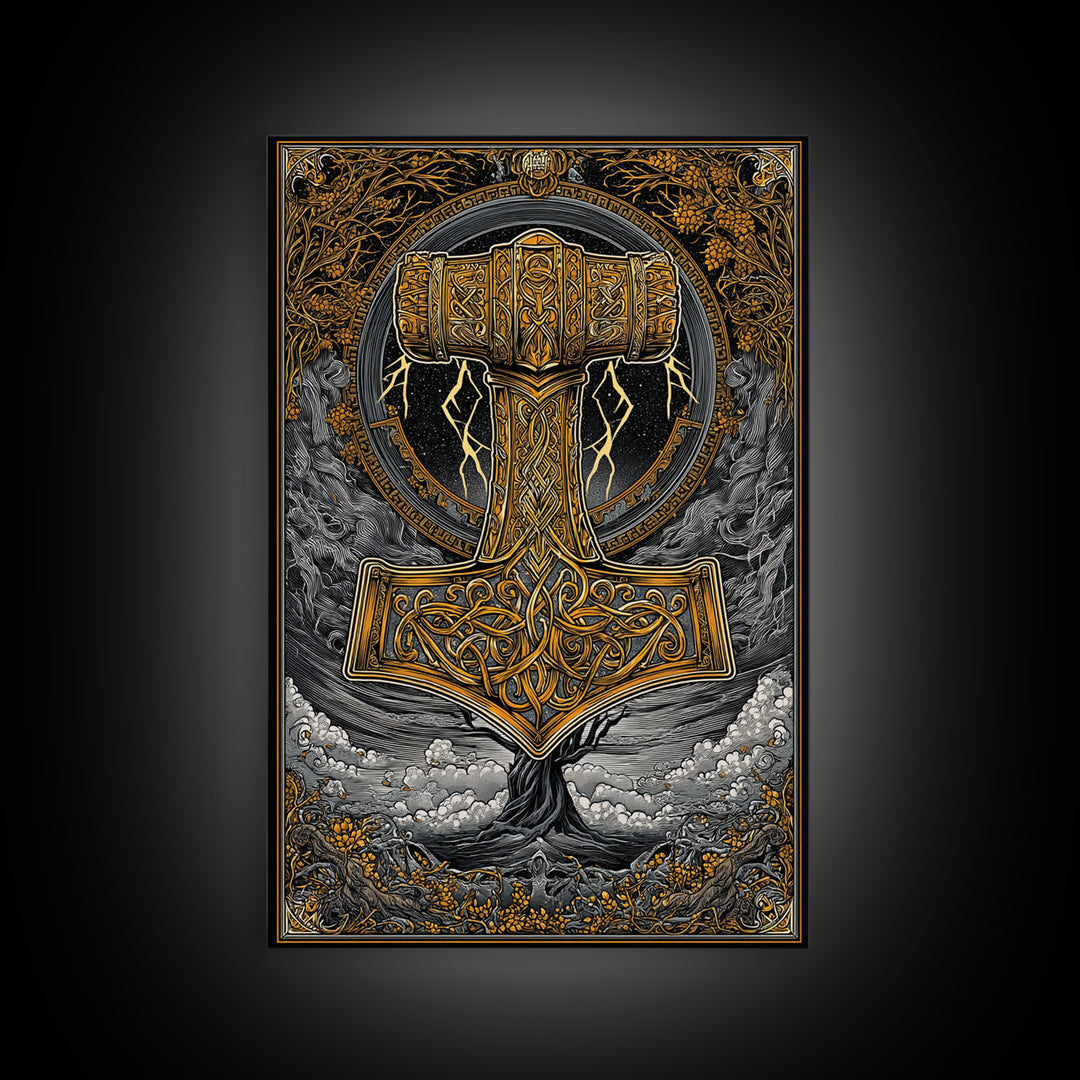 Norse Mythology Mjolnir Hammer Artwork, Canvas Gold Art and Viking Canvas Art, framed in real wood, Nordic office and dad gift décor