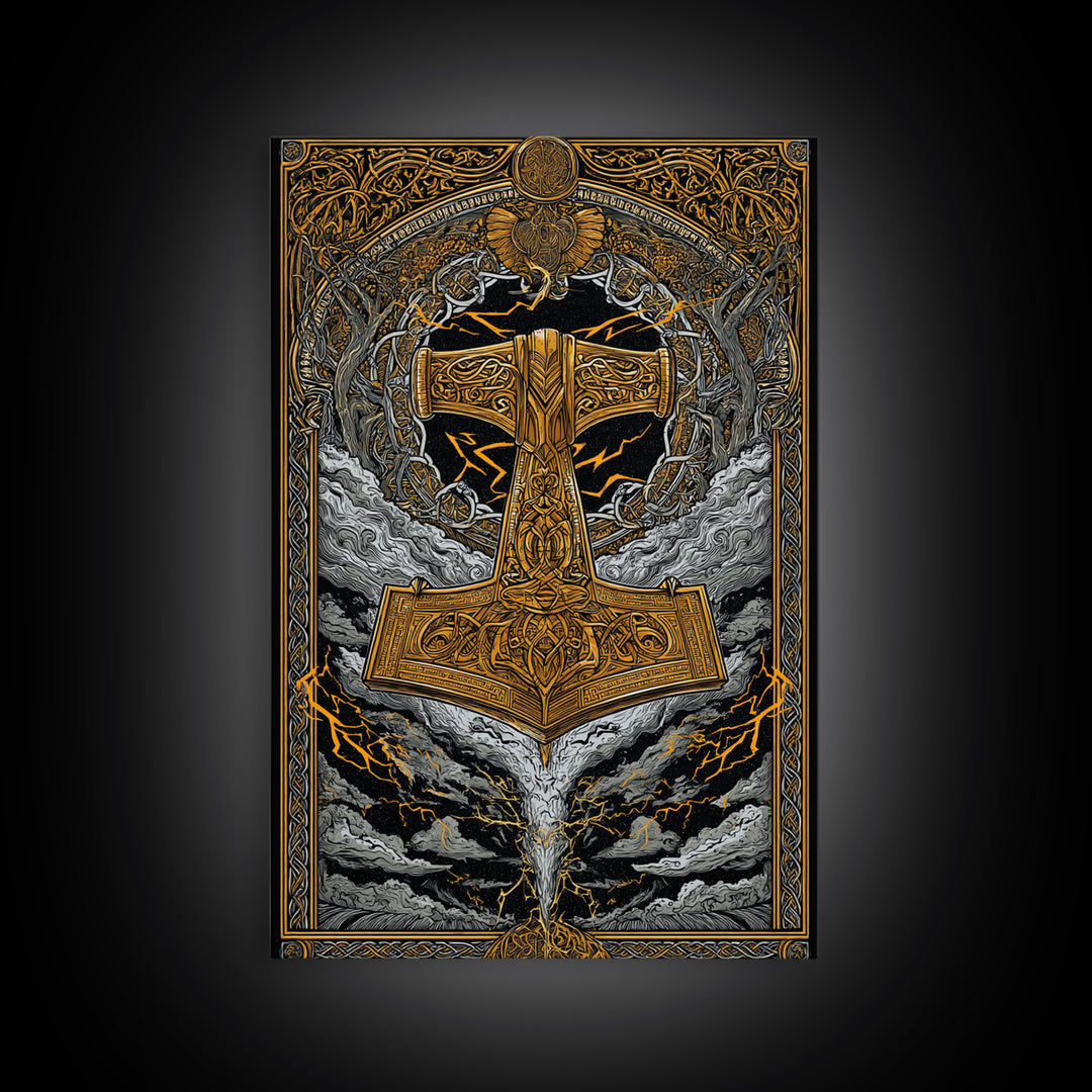 Viking Thor’s Hammer Mjolnir Wall Art, Canvas Gold Art and Canvas Art, Norse Mythology inspired office décor framed in solid wood