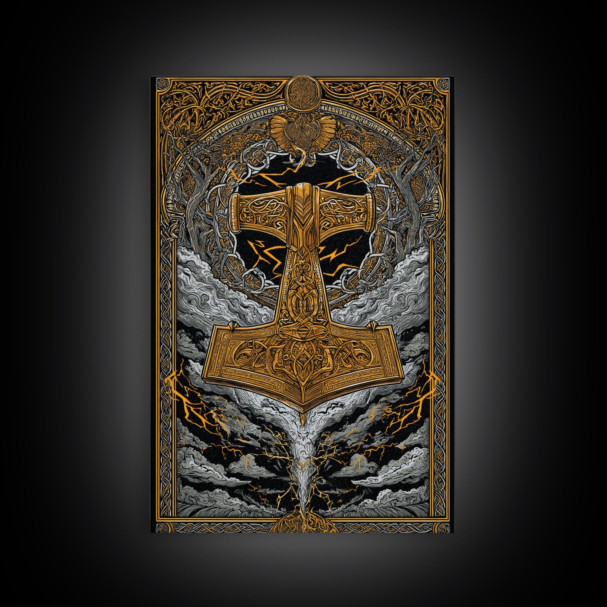 Viking Thor’s Hammer Mjolnir Wall Art, Canvas Gold Art and Canvas Art, Norse Mythology inspired office décor framed in solid wood