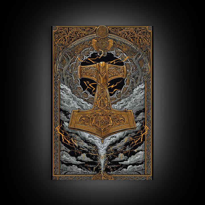 Viking Thor’s Hammer Mjolnir Wall Art, Canvas Gold Art and Canvas Art, Norse Mythology inspired office décor framed in solid wood
