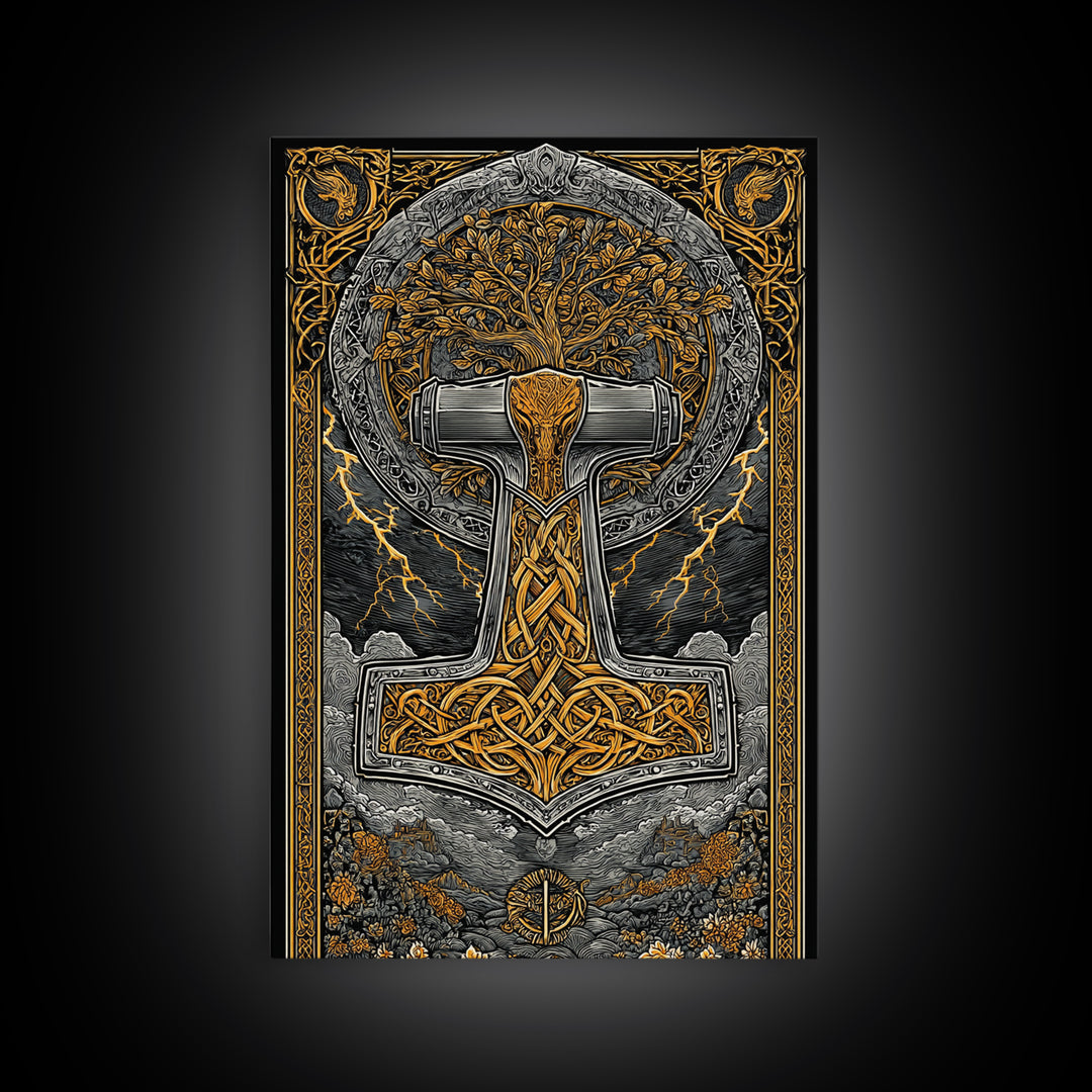 Canvas Gold Art featuring Mjolnir, Thor’s Hammer of Norse Mythology, Viking Canvas Art framed in natural wood for man cave or office