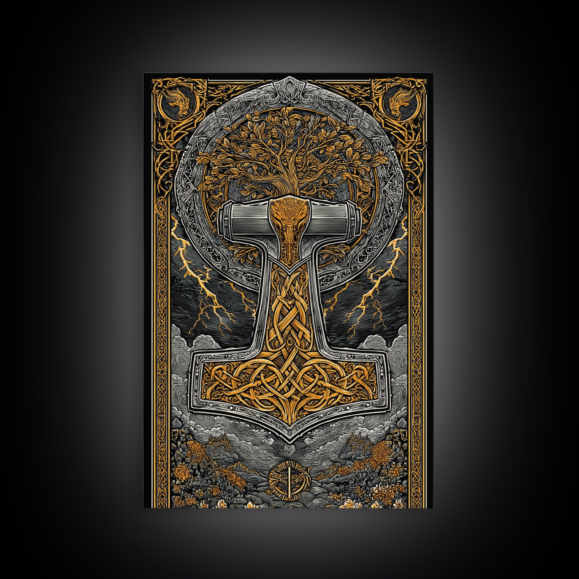 Canvas Gold Art featuring Mjolnir, Thor’s Hammer of Norse Mythology, Viking Canvas Art framed in natural wood for man cave or office
