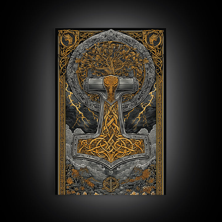 Canvas Gold Art featuring Mjolnir, Thor’s Hammer of Norse Mythology, Viking Canvas Art framed in natural wood for man cave or office