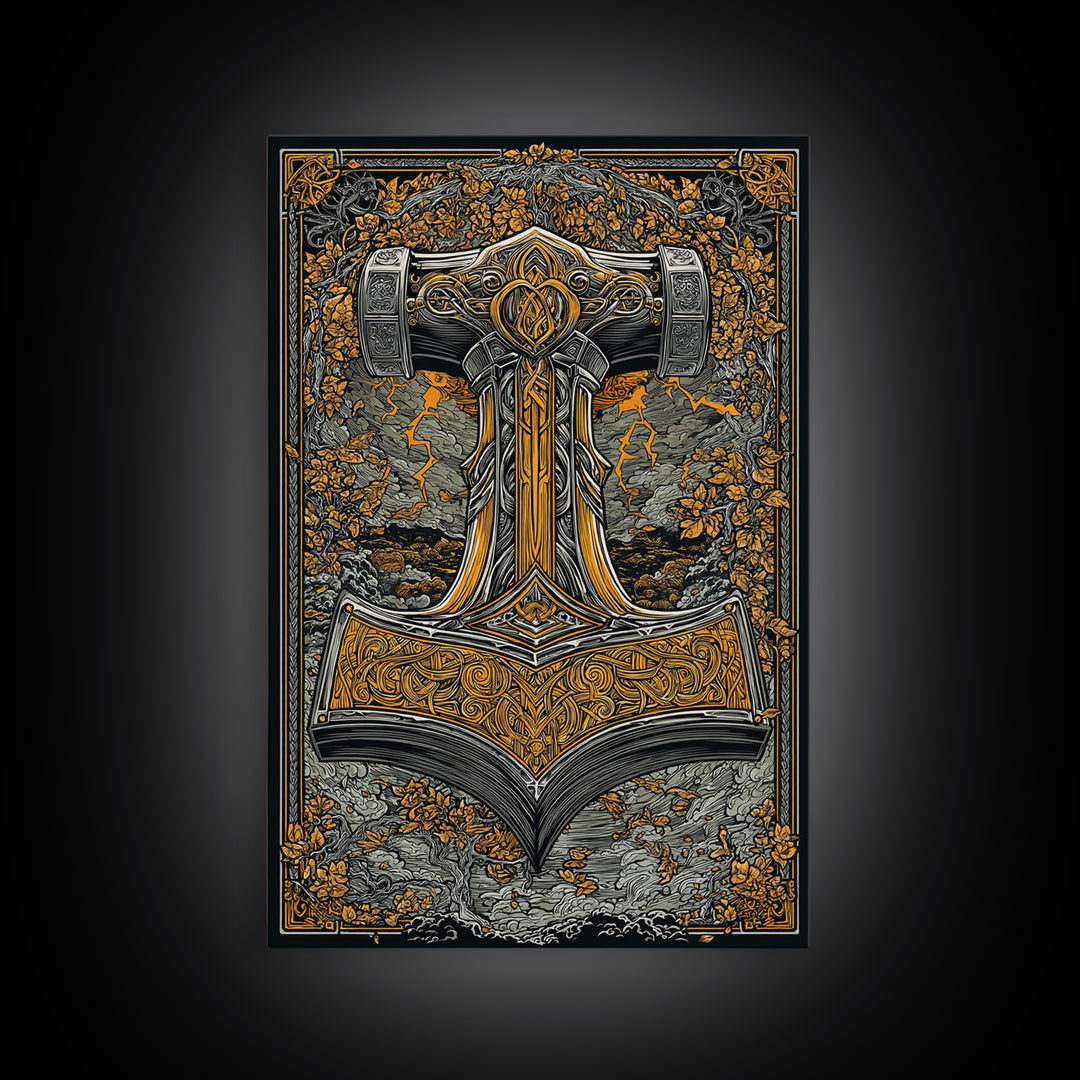 Norse Viking Wall Art of Mjolnir Hammer, Canvas Gold Art and Canvas Art, mythology-inspired décor framed in real wood for dad gift