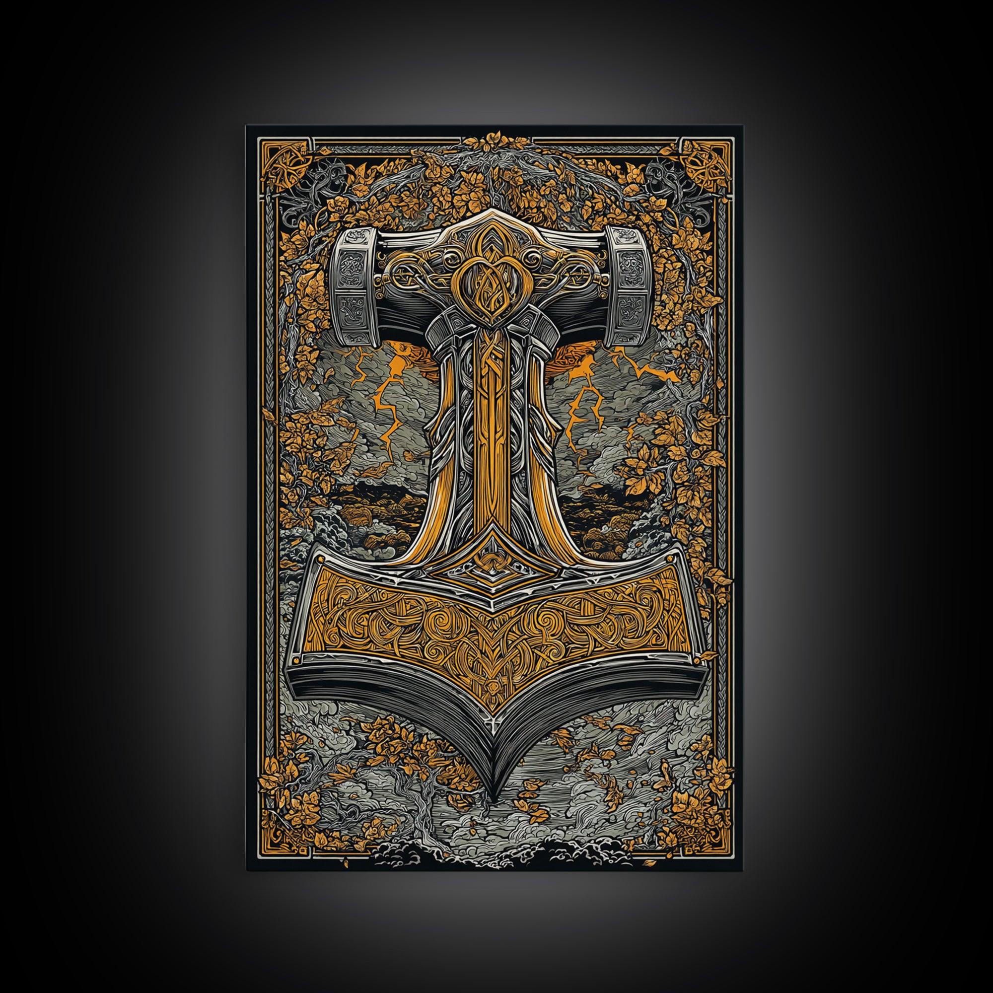 Norse Viking Wall Art of Mjolnir Hammer, Canvas Gold Art and Canvas Art, mythology-inspired décor framed in real wood for dad gift