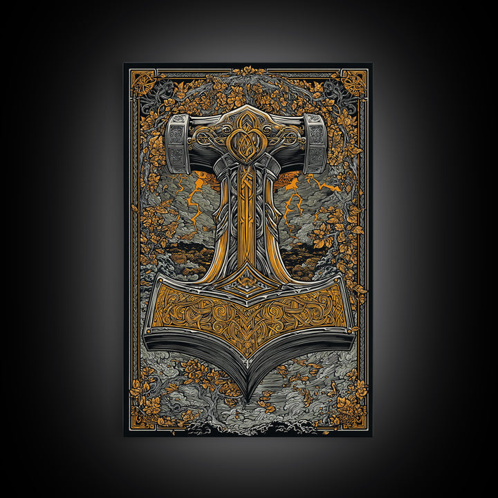 Norse Viking Wall Art of Mjolnir Hammer, Canvas Gold Art and Canvas Art, mythology-inspired décor framed in real wood for dad gift