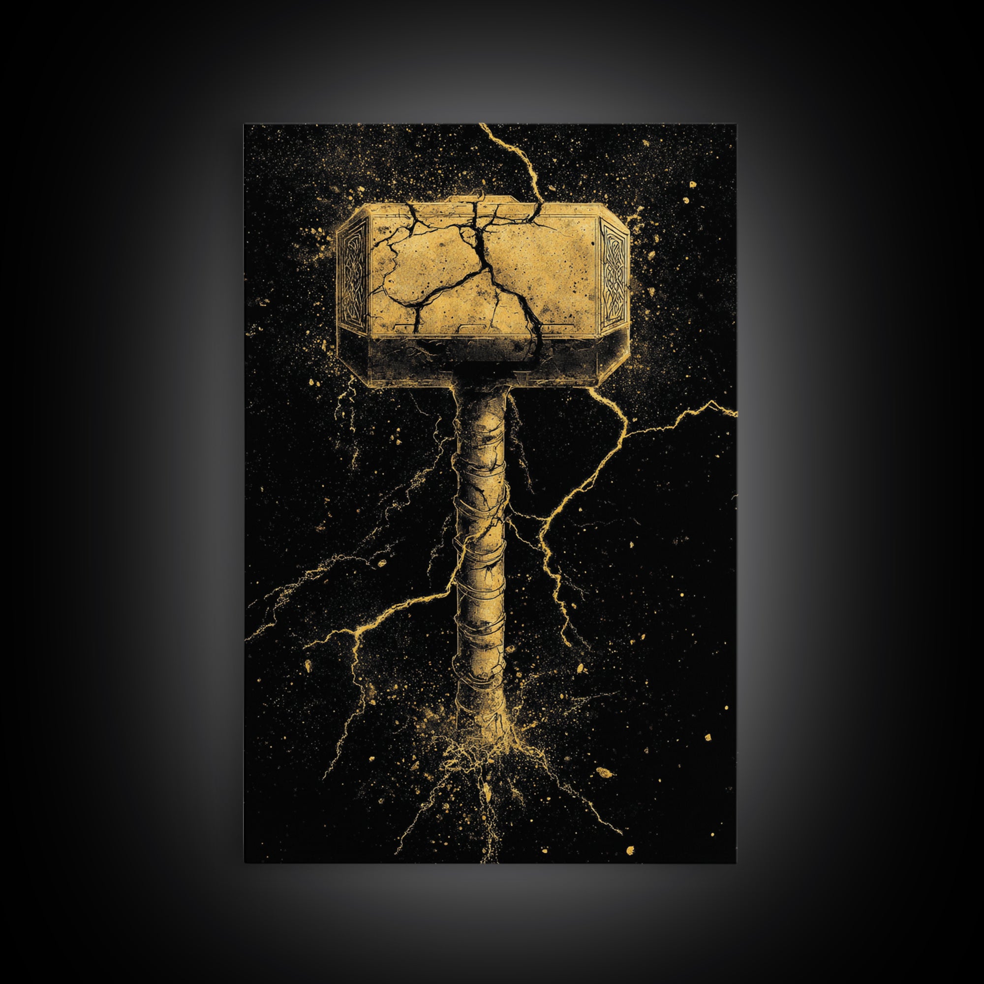 Thor’s Mjolnir Canvas Gold Art, Viking Canvas Art from Norse Mythology, framed in real wood, striking office wall art and man cave gift