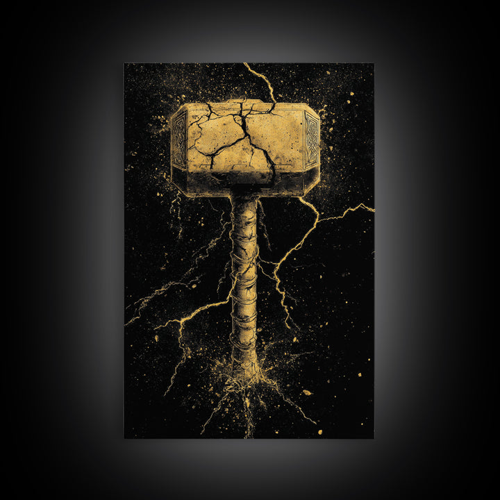 Thor’s Mjolnir Canvas Gold Art, Viking Canvas Art from Norse Mythology, framed in real wood, striking office wall art and man cave gift