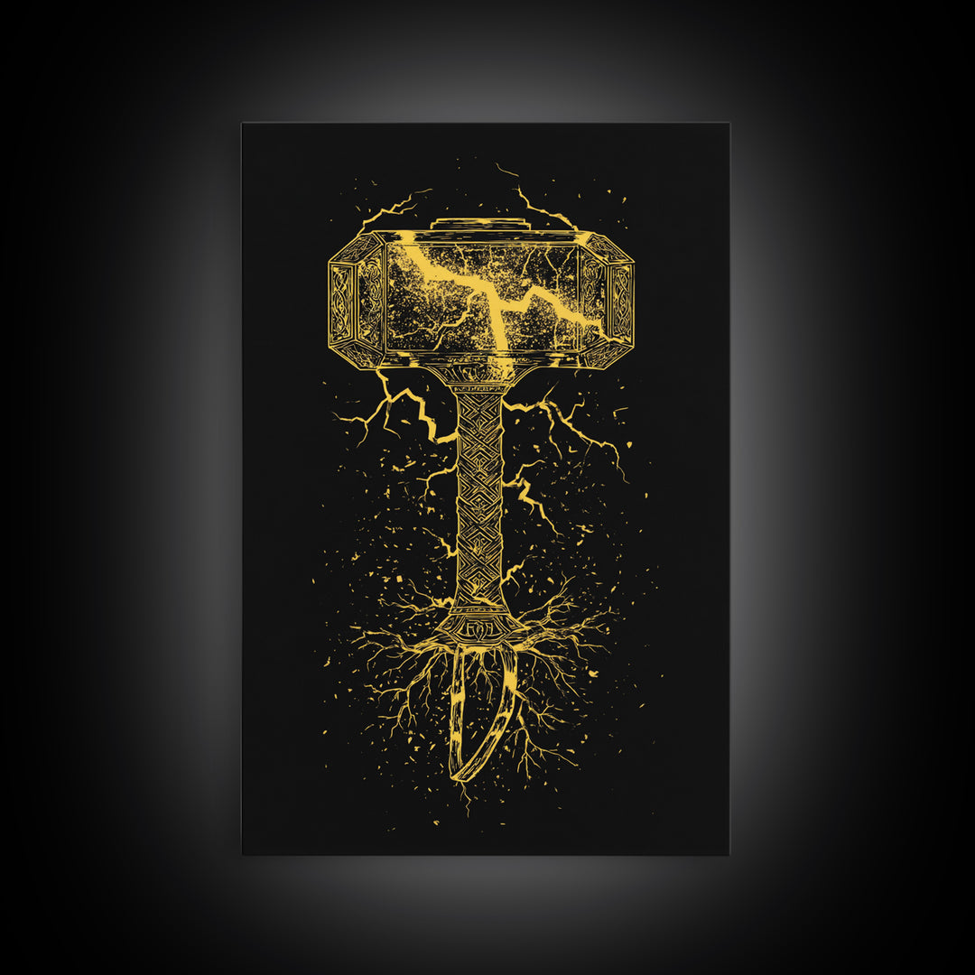Mjolnir Thor’s Hammer Canvas Gold Art Canvas Art | Norse Viking Mythology Wall Decor | Office or Man Cave framed in wood