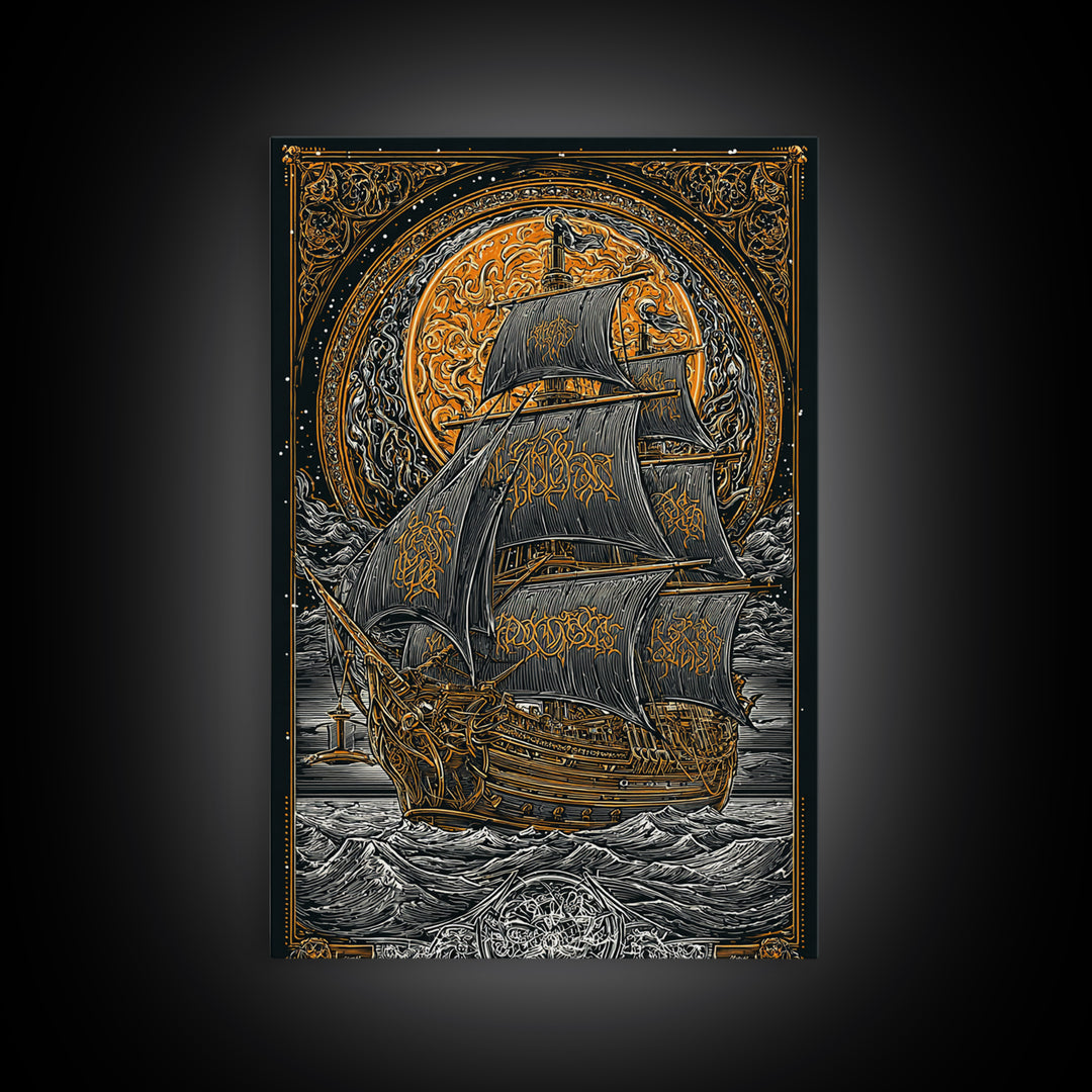 Viking Naglfar Ship Wall Art, Canvas Gold Art and Norse Canvas Art, Nordic Mythology scene framed in real wood for office or dad décor