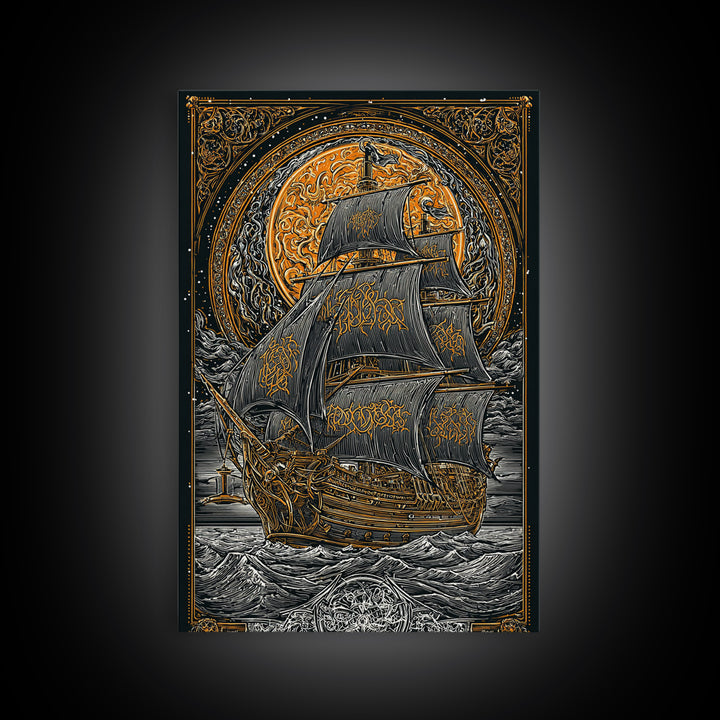 Viking Naglfar Ship Wall Art, Canvas Gold Art and Norse Canvas Art, Nordic Mythology scene framed in real wood for office or dad décor