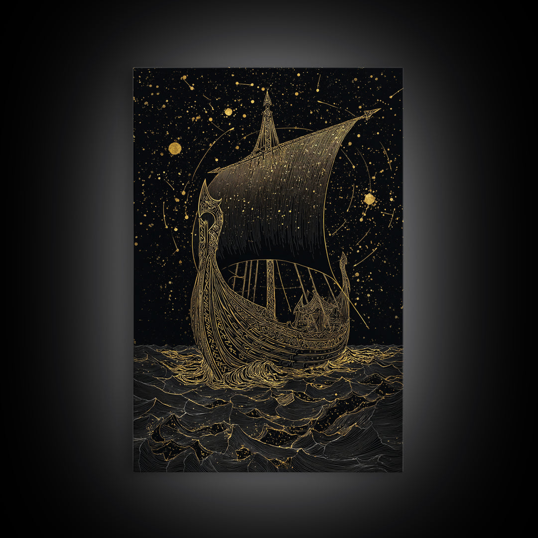 Norse Naglfar Viking Ship Artwork, Canvas Gold Art and Canvas Art, Nordic Mythology wall décor framed in real wood, unique dad gift