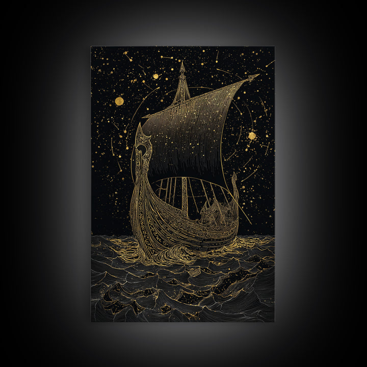 Norse Naglfar Viking Ship Artwork, Canvas Gold Art and Canvas Art, Nordic Mythology wall décor framed in real wood, unique dad gift
